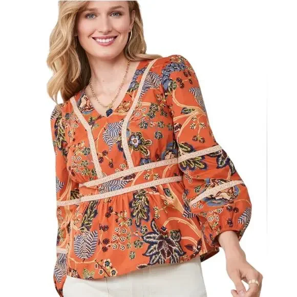 Spartina 449 Marcelle Blouse Floral Tree of Life Tomato Orange Size Medium Top - Picture 3 of 15